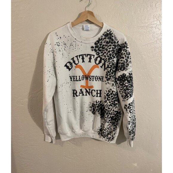 Port and Company Sweaters - Custom Dutton Ranch White Leopard Crewneck Yellowstone Inspired Sweatshirt